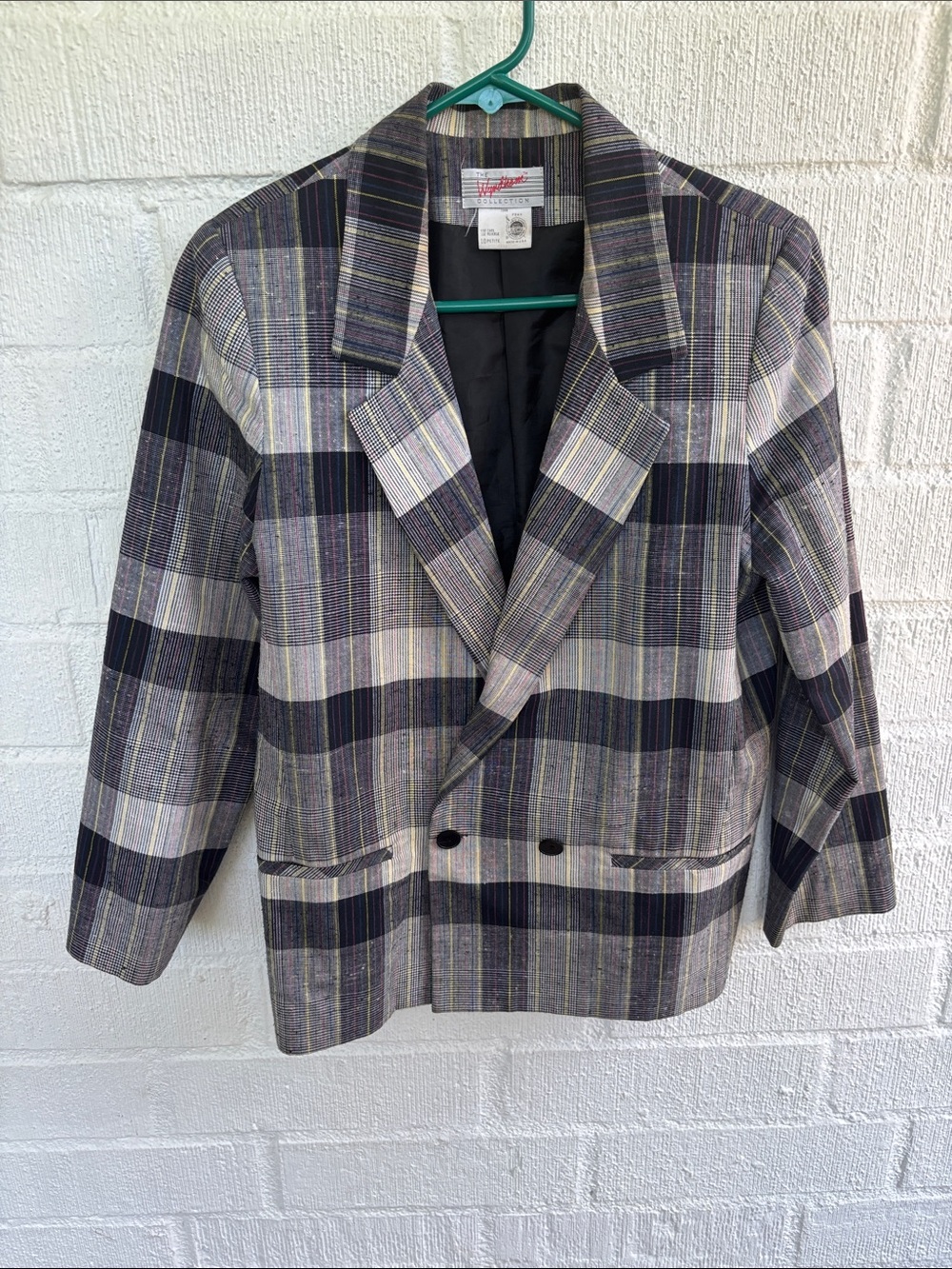 The Wyndham Collection Plaid Textured Tweed Double-Breasted Blazer sz 10P